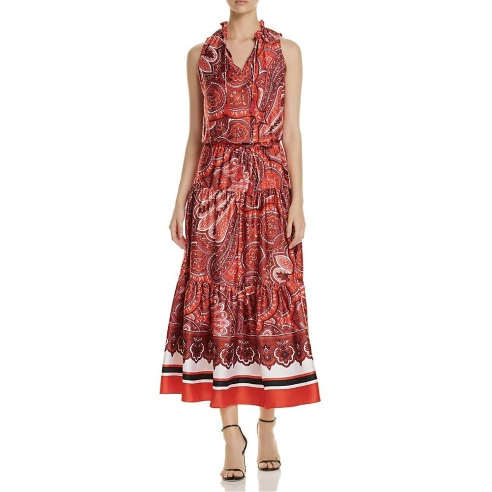 Ralph Lauren Tiered Ruffle Allover Paisley Print Boho Maxi Dress Red NWT
